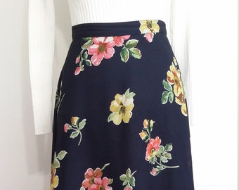 Talbots skirt, XS, S, floral skirt, spring skirt, summer skirt, navy blue skirt, romantic skirt, lined skirt, blue skirt