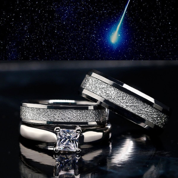 His and Her 3 pc CERTIFIED MOISSANITE Engagement Wedding Ring Set, Men's Tungsten Ring, Women Silver & Tungsten Band, Meteorite Bridal Set