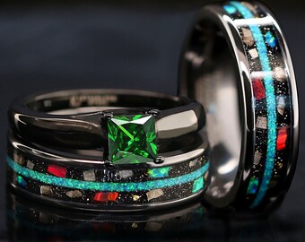 His & Hers Black Opal & Real Meteorite Ring Set - Men's & Women's Wedding Band With Blue Opal - View #11