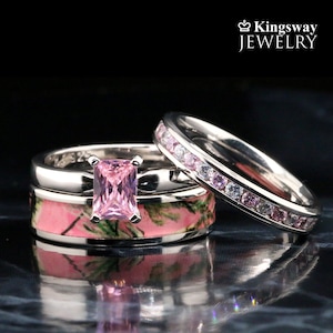 Custom Engraved 3pc Pink Camo Ring Set Stainless Steel Band 925 Sterling Silver Wedding Ring Set - FREE Engraving