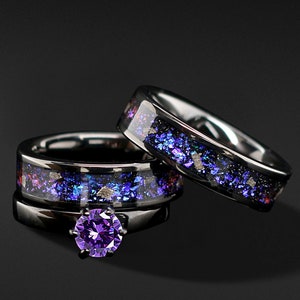 Nebula His and Her 3 piece Real Meteorite Ring & Opal Ring Set Engagement Wedding Rings Blue and Purple Promise Ring Set FREE ENGRAVING