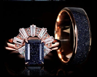 3pc His & Hers Emerald Cut Starry Sky Blue Sandstone Ring, Gold Over Silver Tungsten Sandstone, Engagement Wedding ring set
