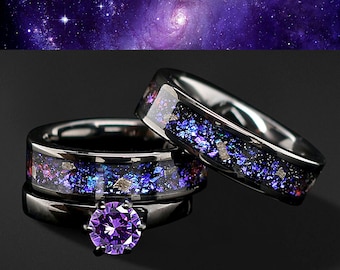 Nebula His and Her 3 piece Real Meteorite Ring & Opal Ring Set Engagement Wedding Rings Blue and Purple Promise Ring Set FREE ENGRAVING