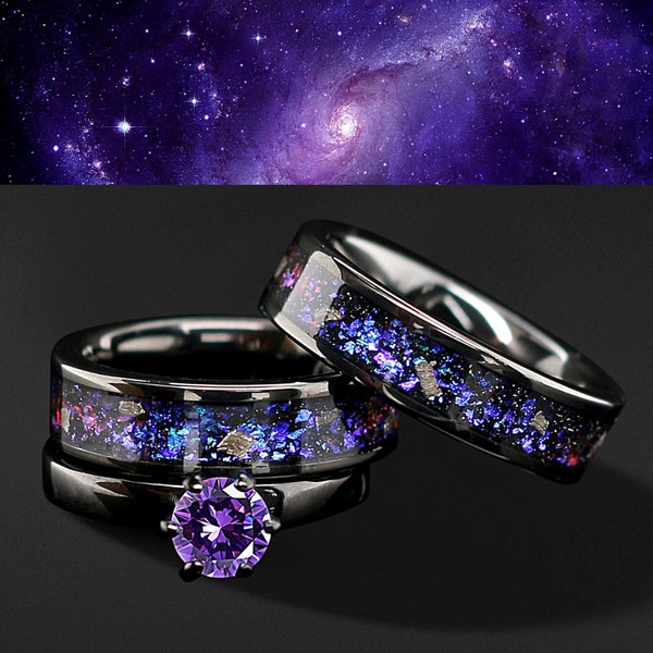 Nebula His and Her 3 piece Real Meteorite Ring & Opal Ring Set Engagement Wedding Rings Blue and Purple Promise Ring Set FREE ENGRAVING