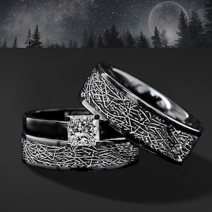 Anillo de compromiso para él y para ella y alianzas de boda de tungsteno con réplica de meteorito incrustado, símbolos únicos de amor galáctico. GRABADO GRATUITO