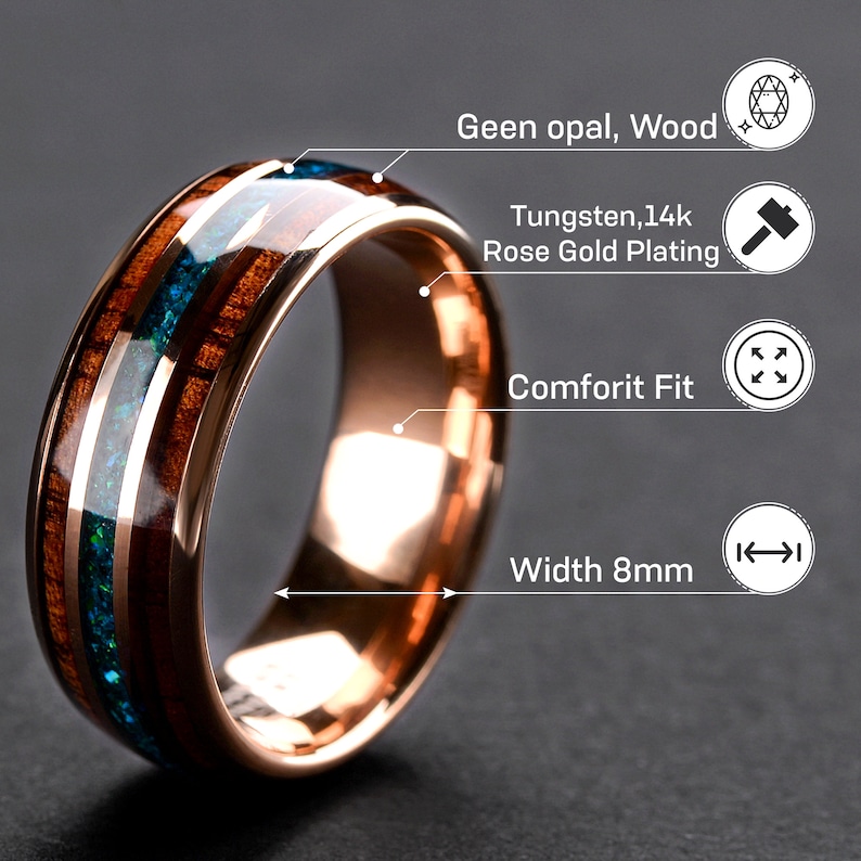 May include: A tungsten ring with a rose gold plating and a wood inlay. The ring is 8mm wide and has a comfort fit. The ring is made of tungsten and has a rose gold plating.