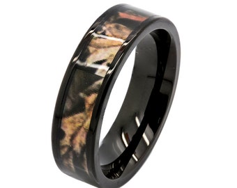 Custom Engraved Black Camo Stainless Steel Unisex Hunting Camo Ring 5 mm Thin Wedding Band Hypoallergenic Allergy Free - FREE Engraving