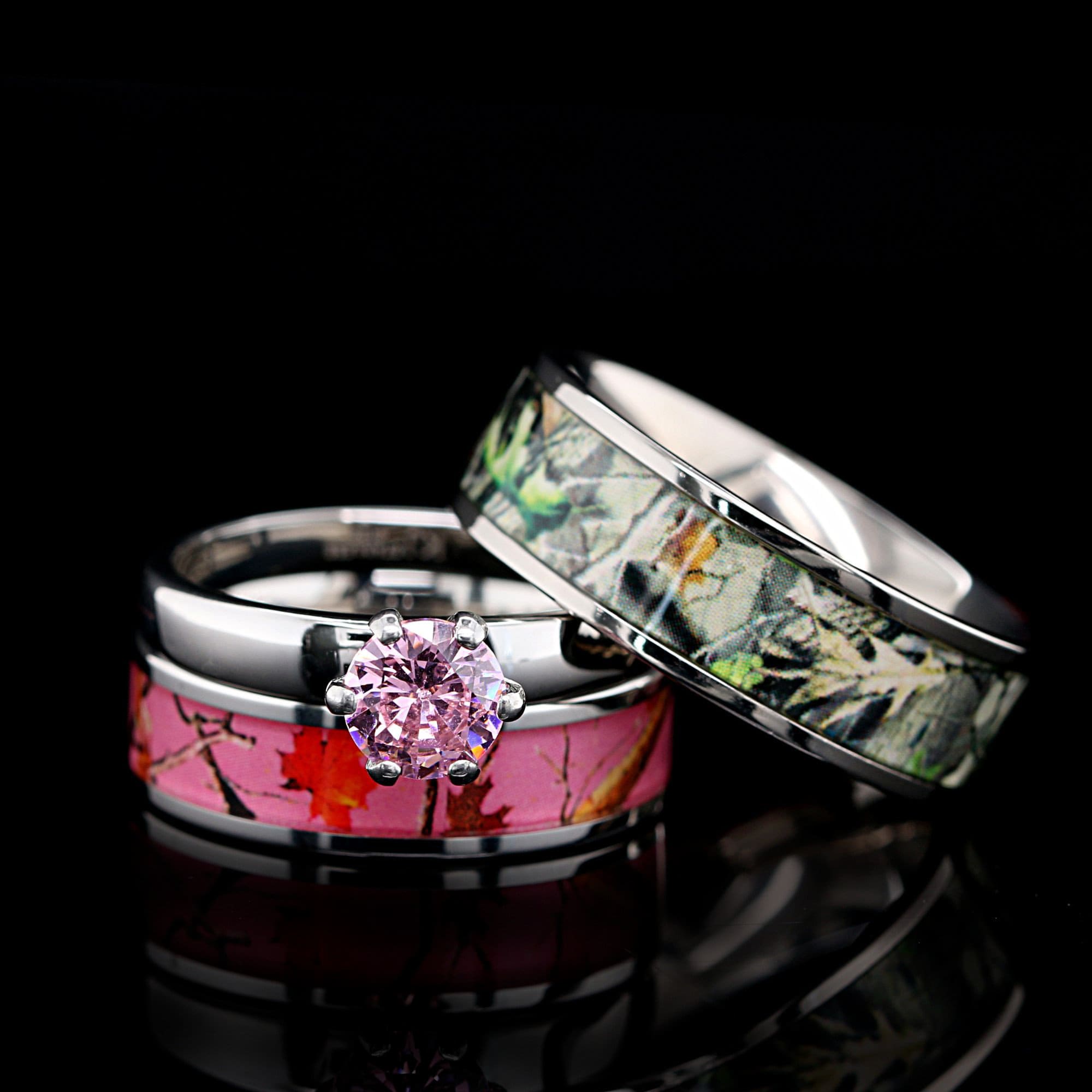 3 Piece His Her Pink Camo Wedding Ring Set Stainless Steel and
