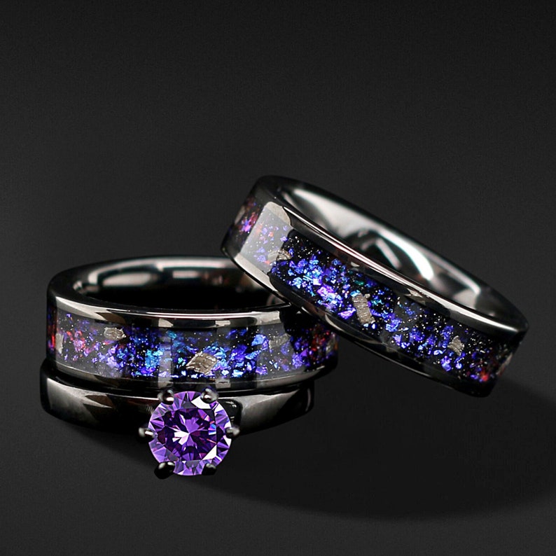 Nebula His and Her 3 Piece Real Meteorite Ring & Opal Ring Set Etsy