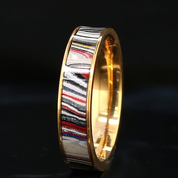 14K Gold plated Fordite Ring Stainless Steel Wedding Band - Free Engraving