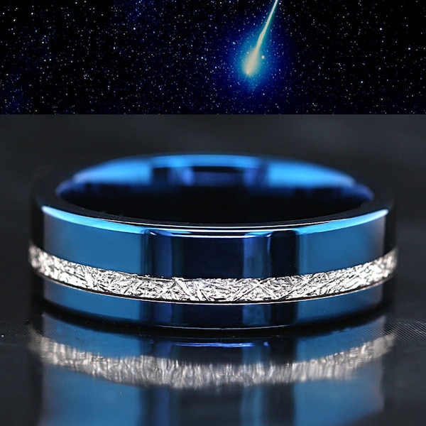 Anneau bleu de tungstène, anneau de météorite, anneau de tungstène des hommes, bande de météorite, bande de mariage de météorite, bande de mariage des hommes 8mm