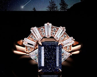 Anel de arenito azul-celeste estrelado com corte esmeralda de 2 quilates, ouro sobre arenito prateado, conjunto de alianças de noivado e casamento