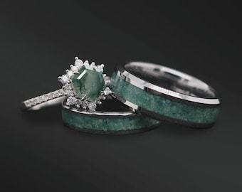 Conjunto de alianças de casamento com 3 peças de ágata musgosa para ele e para ela | Anel de prata esterlina para ela | Alianças de casamento de tungstênio para ele e para ela | Incrustação de ágata musgosa