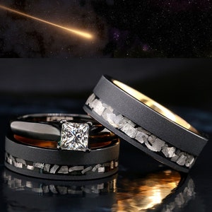 His and Her 3 piece Real Meteorite Ring Tungsten Gold plated & Steel Engagement Wedding Ring Set Black FREE ENGRAVING
