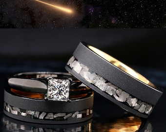 His and Her 3 piece Real Meteorite Ring Tungsten Gold plated & Steel Engagement Wedding Ring Set Black FREE ENGRAVING