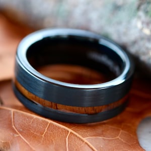 Black Tungsten Brown Koa Wood Ring - Unisex Engagement Wedding Band - FREE Engraving