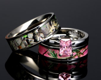 His & Hers 3 piece Camo Wedding Ring Set Sterling Silver Titanium Stainless Steel Pink Camo Wedding Ring Set