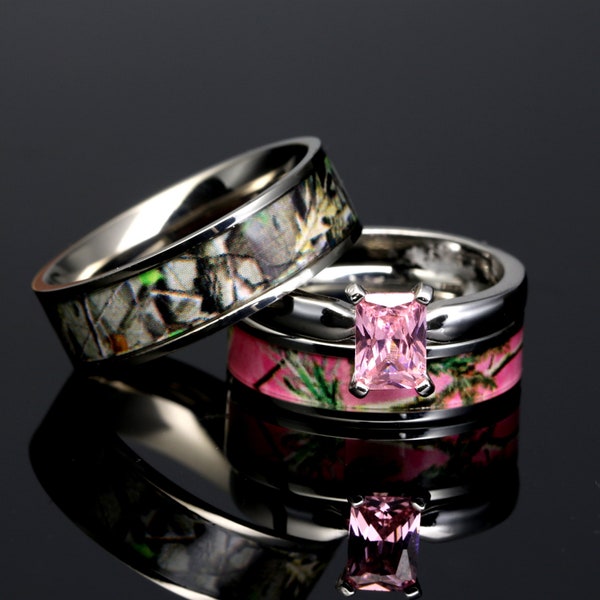 His & Hers 3 piece Camo Wedding Ring Set Sterling Silver Titanium Stainless Steel Pink Camo Wedding Ring Set