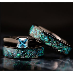 His and Her 3 piece Real Meteorite Ring & Opal Ring Set Stainless Steel Engagement Wedding Rings Blue and Green Promise Ring Set Princess