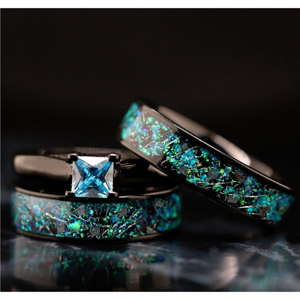 Zijn en haar 3-delige Real Meteorite Ring &Opal Ring Set Roestvrij Staal Verloving Trouwringen Blauw en Groen Belofte Ring Set Prinses