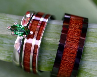 His and Hers Koa Wood Ring Set Green Marquise Wedding Rings Set