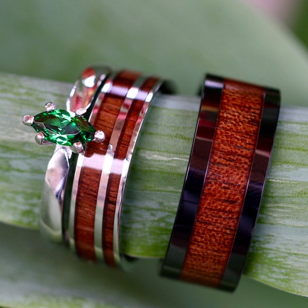 His and Hers Koa Wood Ring Set Green Marquise Wedding Rings Set