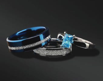 3 alliances en tungstène des mariés, lui et lui, bagues météorites, parure nuptiale, alliances assorties, alliances météorite