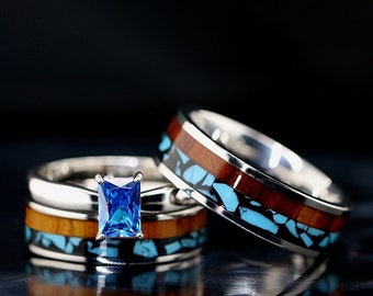His and Her 3 piece Hawaiian Koa Wood Ring Set Turquoise Wedding Ring Set - FREE ENGRAVING