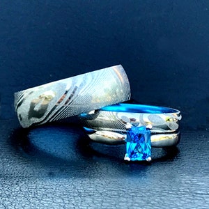 His and Her Damascus Steel Ring Set Blue Wedding Ring Set