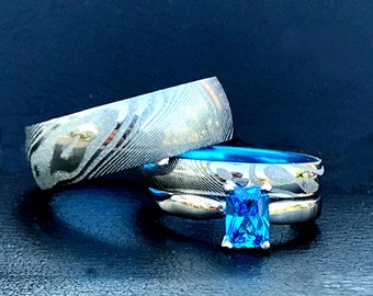 His and Her Damascus Steel Ring Set Blue Wedding Ring Set