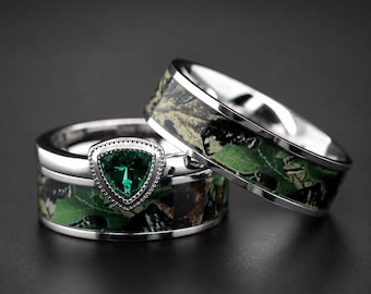 3 pc His and Hers Green Camo Ring Set Camouflage Wedding Rings