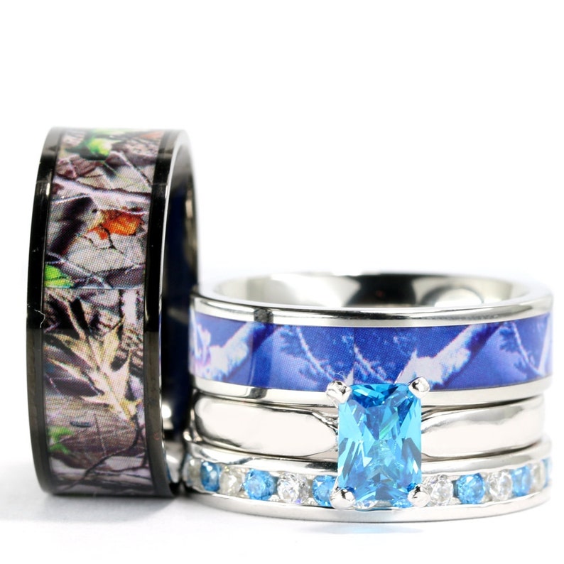 4pc Blue Camo Wedding Ring Set Stainless Steel 925