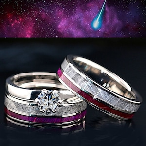 His Hers Meteorite Ring Set 3 piece Real Meteorite Ring, Purple Wood Ring, Moissanite Ring, Stainless Steel & Titanium Wedding Rings