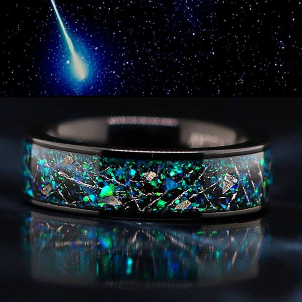 Customized Opal over Meteorite Ring Wedding Band  - FREE ENGRAVING