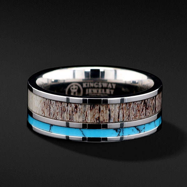 Natural Deer Antler Ring with Turquoise Inlay - Mens Womens Unisex Band Wedding Ring Stainless Steel Hypoallergenic Hunter Ring