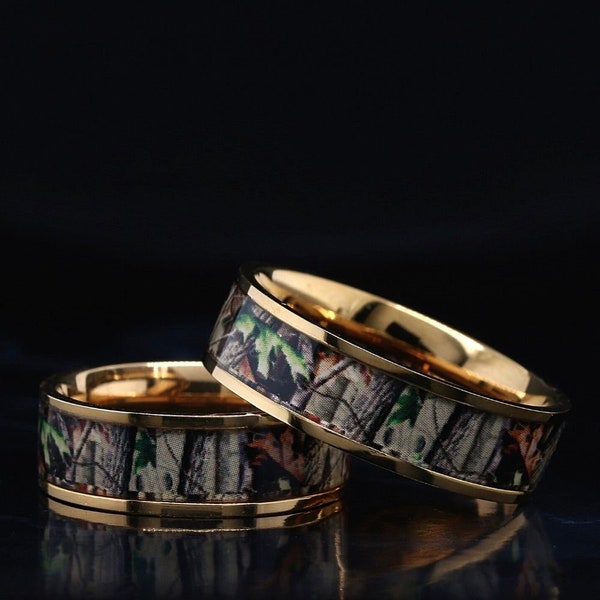 Gold Camo Ring Unisex Camouflage Wedding Band Titanium Ring - FREE Engraving