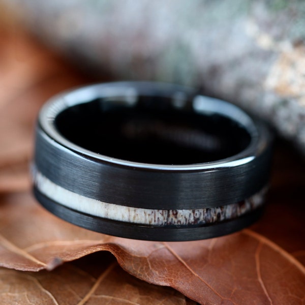 Black Tungsten Deer Antler Ring - Unisex Wedding Band Hunter Ring - FREE Engraving