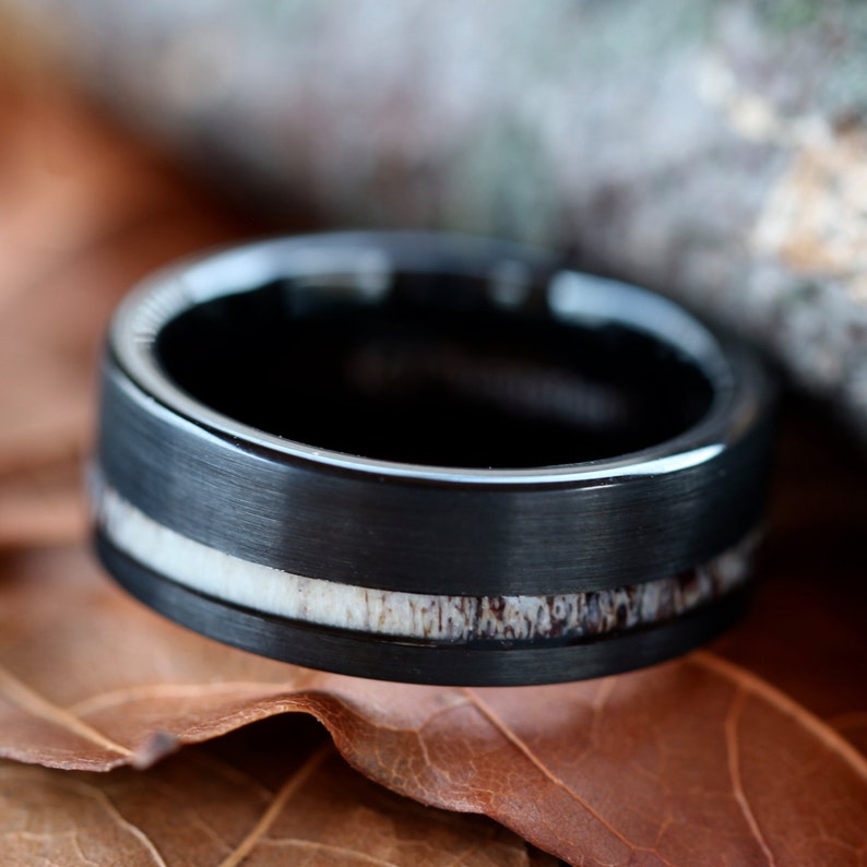 FREE Engraving Unisex Wedding Band Hunter Ring Black Tungsten Deer Antler Ring