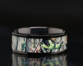 Titanium Black Camo Ring Unisex Hunting Camouflage Wedding Band - FREE Engraving