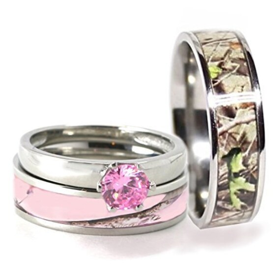 3 piece His & Her Pink Camo Wedding Ring Set Stainless Steel and Titanium Engagement Rings