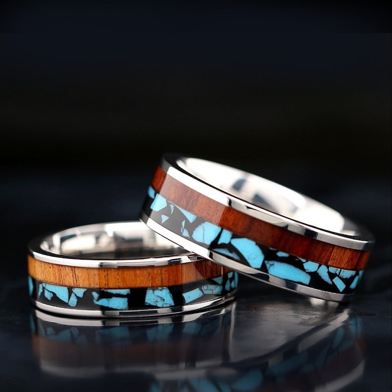 His and Her 3 Piece Hawaiian Koa Wood Ring Set Turquoise Etsy