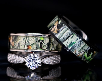 Camo Wedding Ring Set for Him and Her, Titanium, Black IP, Sterling Silver, Rhodium Plating FREE Personalization