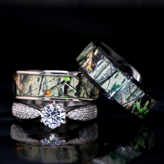 2 piece Camo Wedding Ring Set - Titanium and Sterling Silver