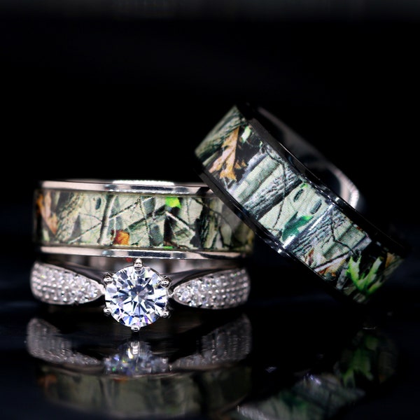 Camo Wedding Ring Set for Him and Her, Titanium, Black IP, Sterling Silver, Rhodium Plating FREE Personalization
