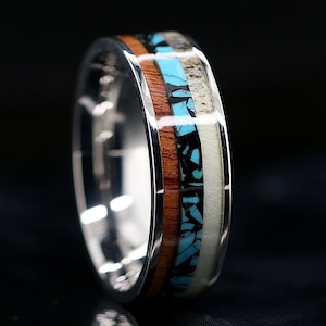 Stainless Steel Natural Deer Antler Wedding Band Turquoise Ring Koa Wood Engagement Ring - FREE Engraving