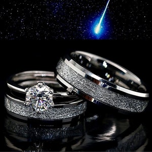 His and Her 3 pc CERTIFIED Moissanite Ring Set D-Color VVS1, Stainless Steel & Tungsten Ring, Meteorite Band Engagement Ring, FREE ENGRAVING