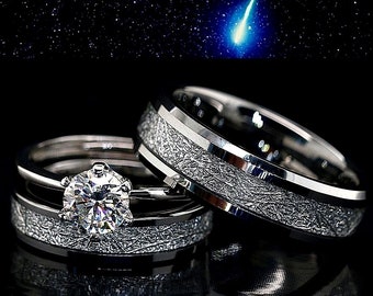 His and Her 3 pc CERTIFIED Moissanite Ring Set D-Color VVS1, Stainless Steel & Tungsten Ring, Meteorite Band Engagement Ring, FREE ENGRAVING