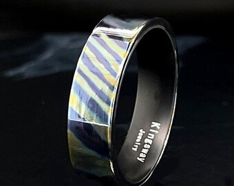 Titanium Damascus Ring Black Stainless Steel Interior Timascus Wedding Band - Free Engraving