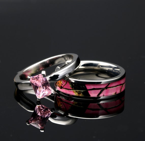 His & Hers 3 piece Camo Wedding Ring Set Sterling Silver Titanium Stainless  Steel Pink Camo Wedding Ring Set