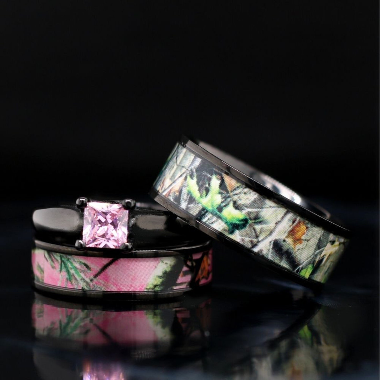 His and Hers Camo Wedding Ring Set Black Plated Titanium and Etsy